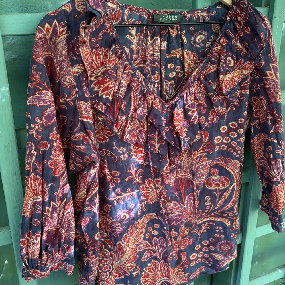Ralph Lauren Ruffle Collar Paisley Blouse | Boho Chic Cottagecore | Size Large - Picture 3 of 8